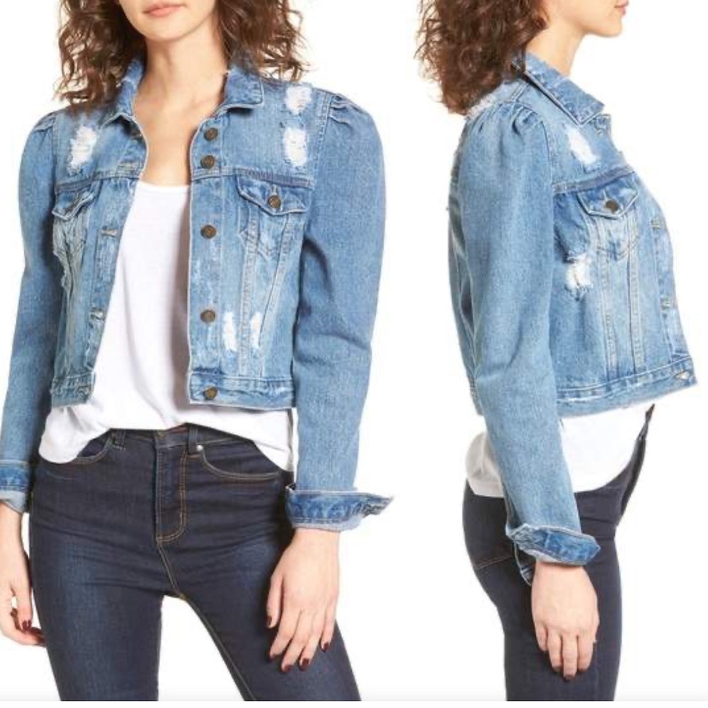 Moon River Tuckernuck Distressed Light Wash Denim Jacket Small S Coat Puff Slv
